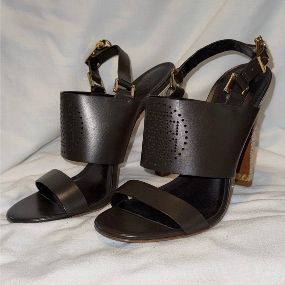 Tory Burch Dark Brown Leather Heels with Gold Accents